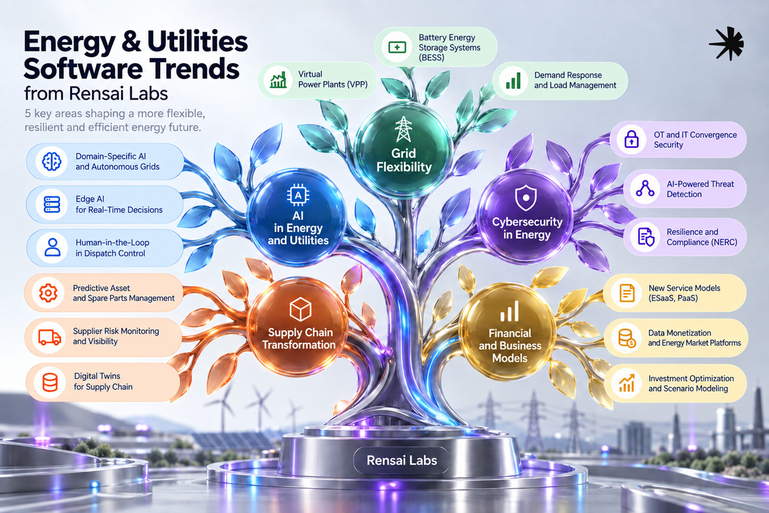 This image shows the 2027-2032 energy trends tree developed by Rensai Labs experts.